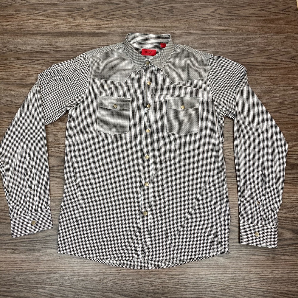 Hugo Boss Black and White Checked Button-Down Shirt